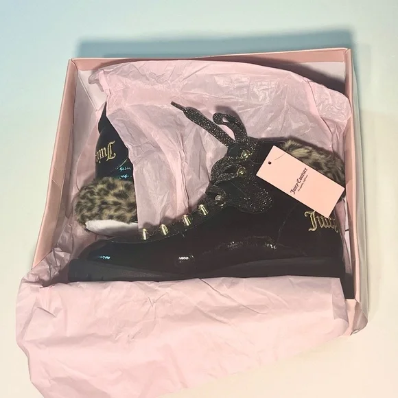 Juicy Couture Black Combat Boots with Leopard Detail - Picture 6 of 7